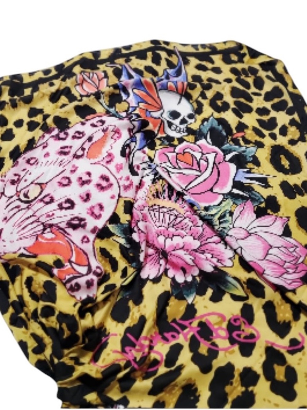 Ed Hardy Yellow Leopard Scarf with Pink Floral Skull Motif